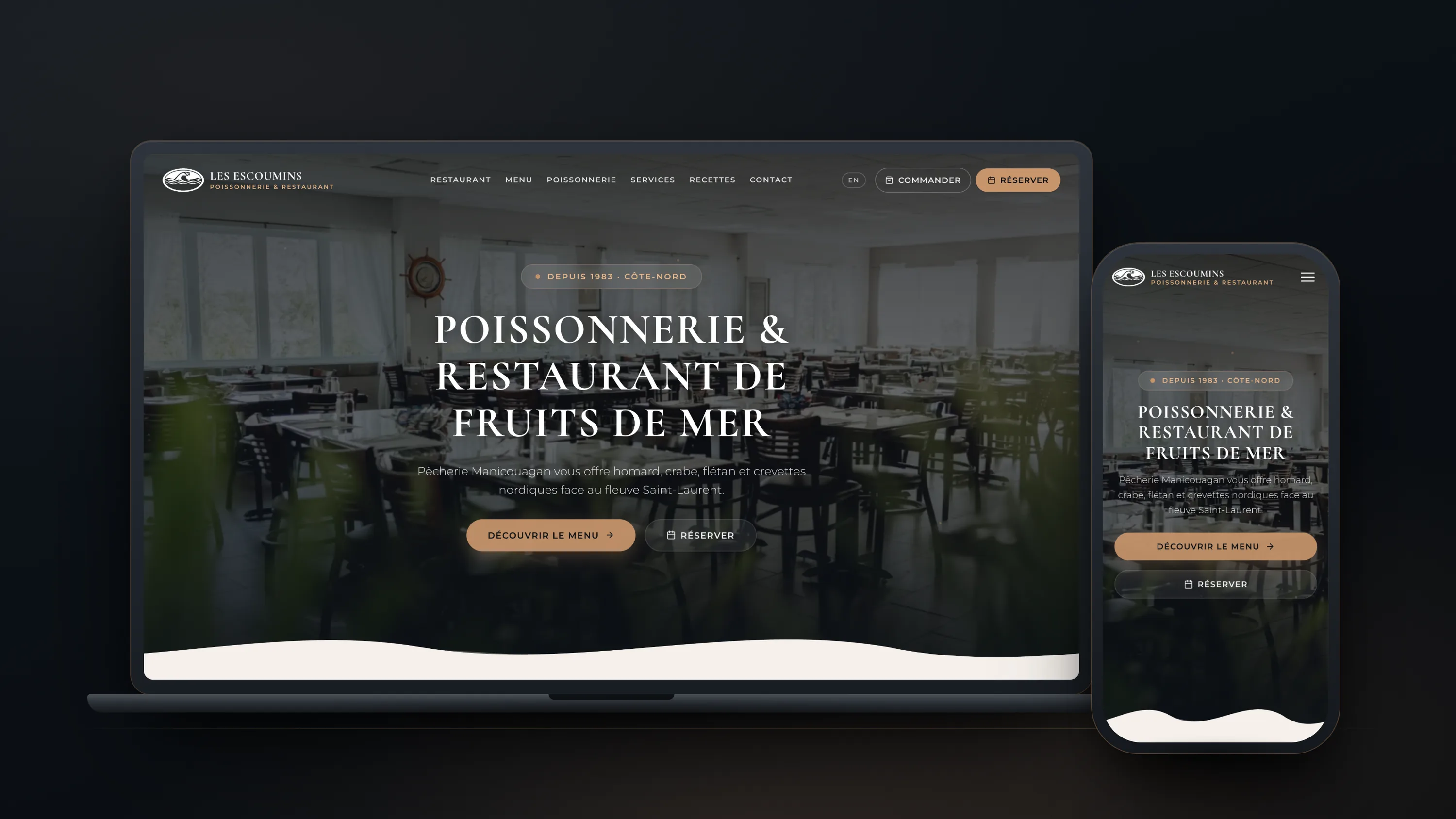 Site web Poissonnerie Les Escoumins - Site bilingue sur mesure d'un restaurant et poissonnerie de la Côte-Nord, affiché sur ordinateur portable et téléphone